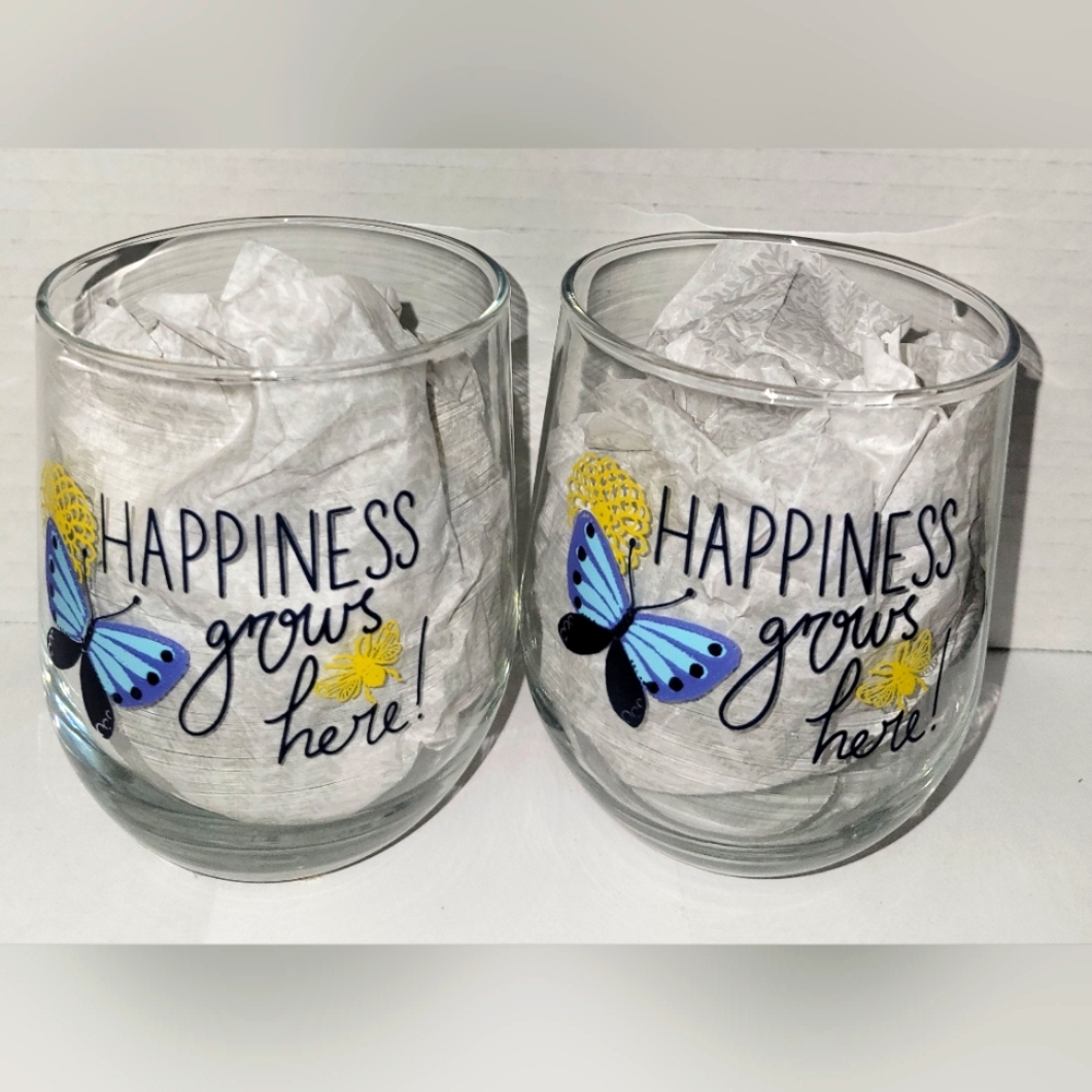 2 Piece Stemless Wine Glass Set (Happiness Grows Here)